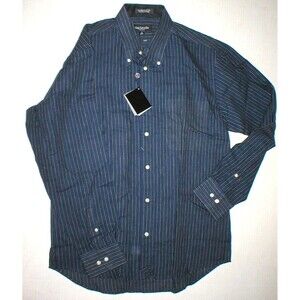 New Mens L NWT Guy Laroche Homme France Designer Shirt Dark Blue Striped Linen